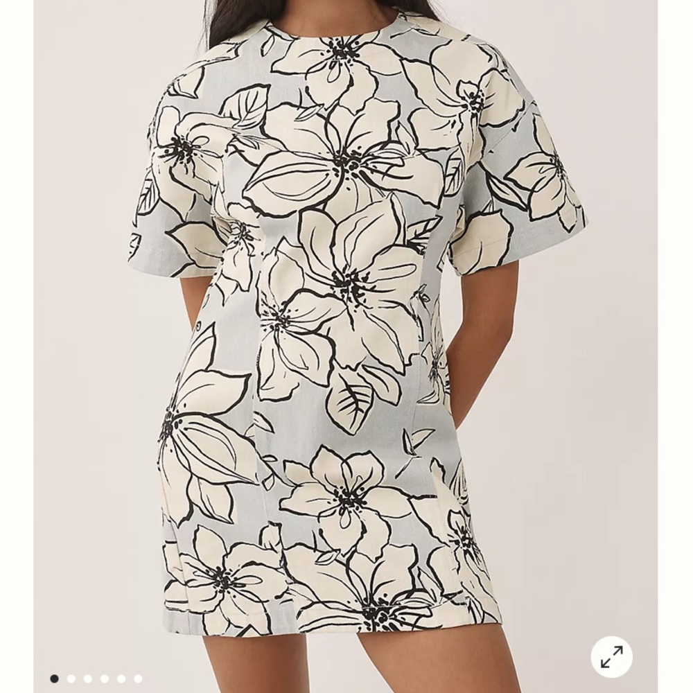 🆕 DHRUV KAPOOR anthropologie Short Sleeve Denim‎ Mini Dress in Blue Floral S